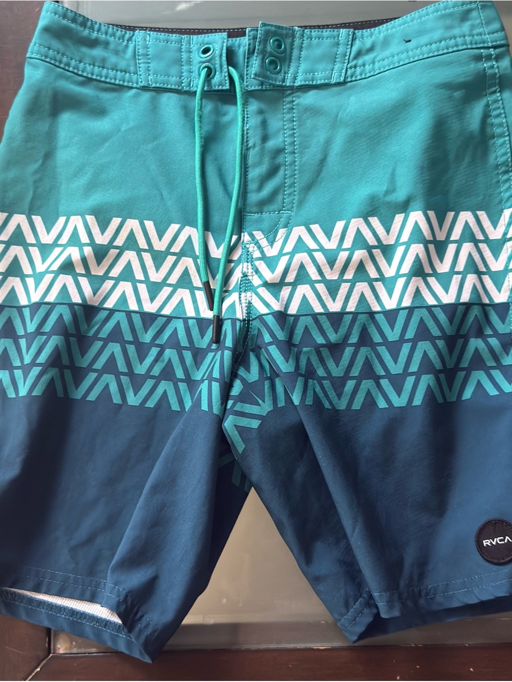 RVCA Men's Teal, White & Navy Geometric Stripe Board Shorts